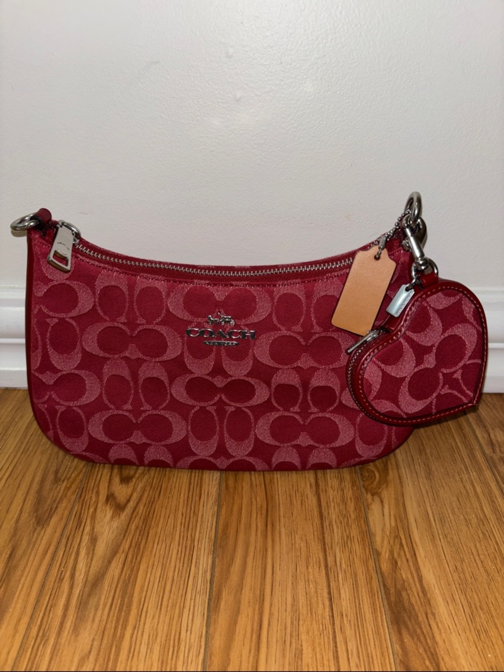 COACH Red Signature Denim Terri with Heart Charm